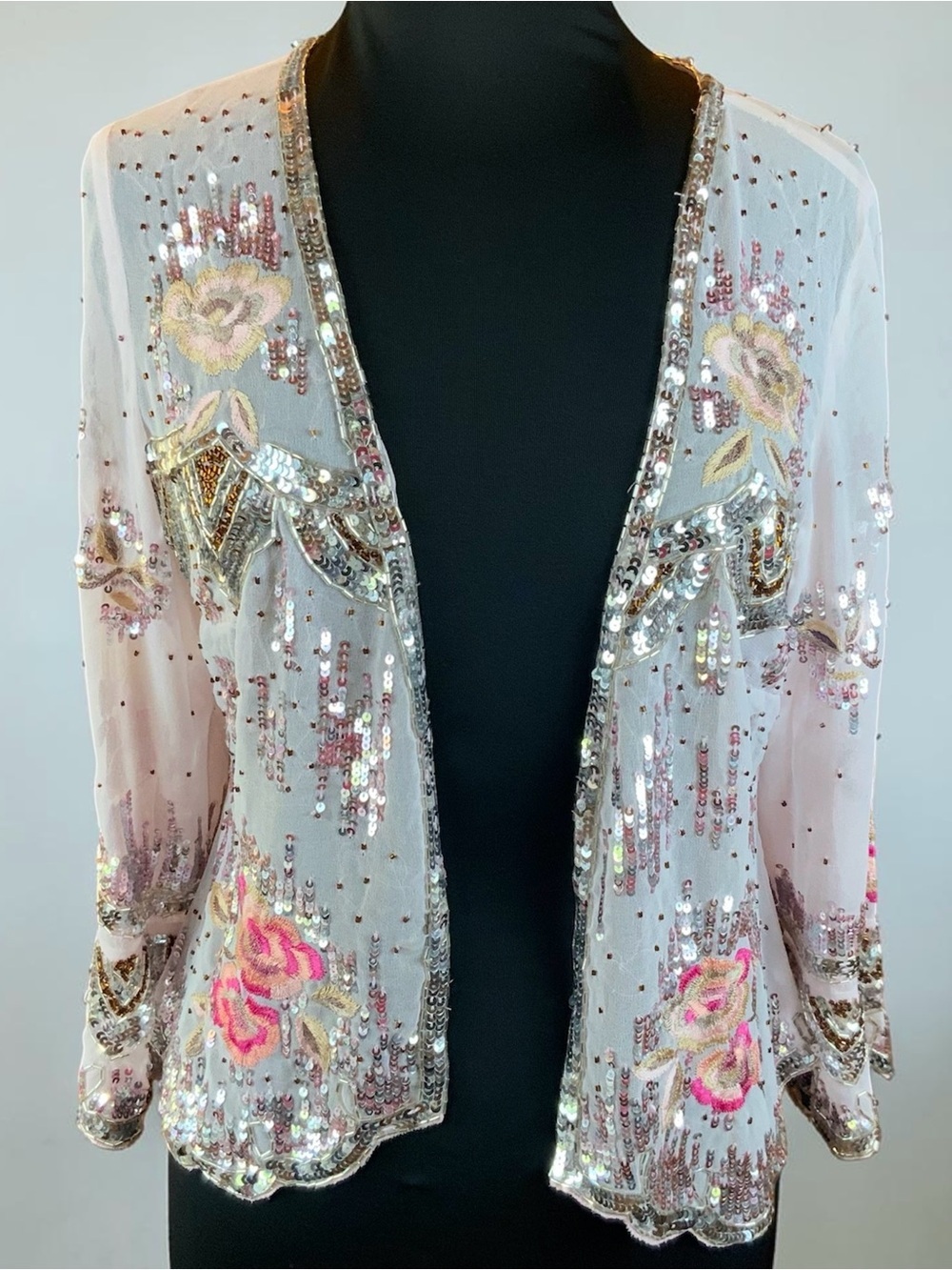 White Pink Gold Sequin Embellished Top Jacket Vintage Style Medium